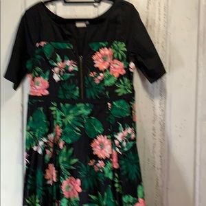 Black green and pink lined cotton dress.